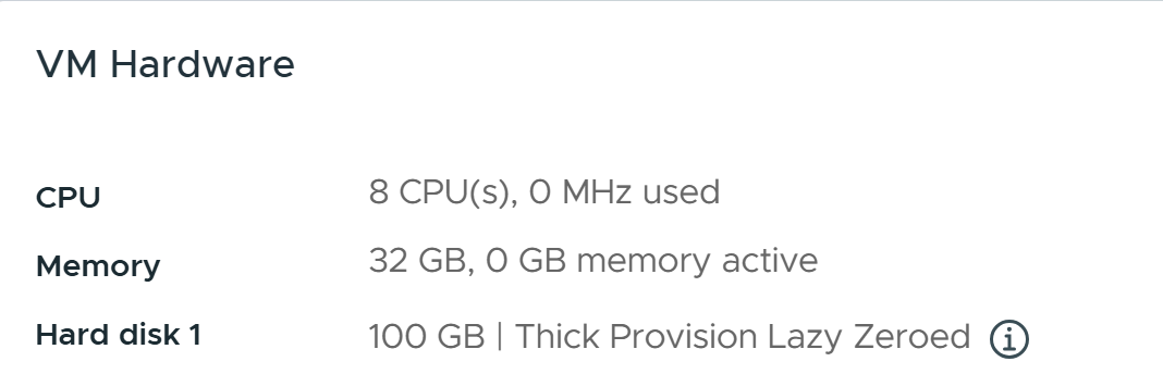 ManageIQ VM hardware configuration showing 8 vCPU, 32 GB RAM, and 100 GB thick-provisioned disk