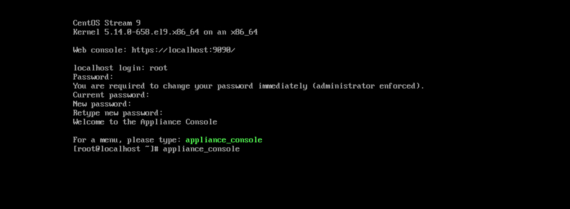 ManageIQ first boot console login prompt on CentOS Stream 9