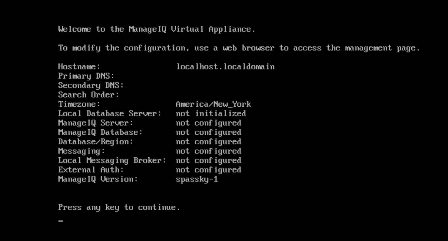 ManageIQ appliance console summary screen showing all components as not configured