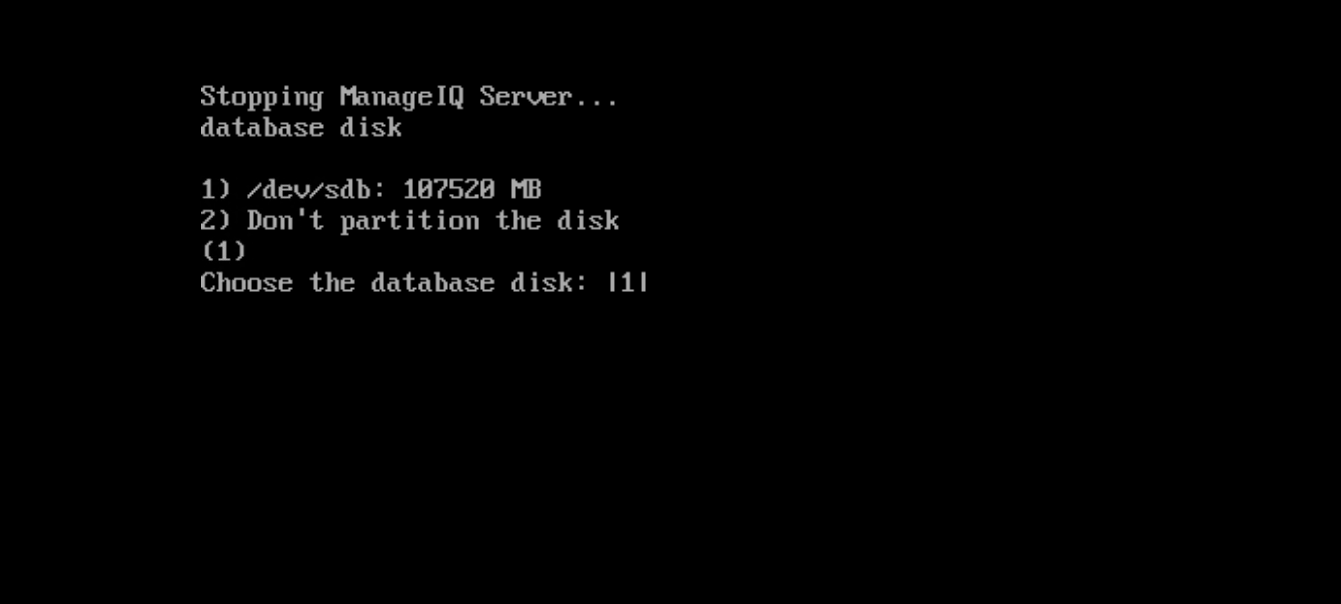 ManageIQ database disk selection showing /dev/sdb at 107520 MB