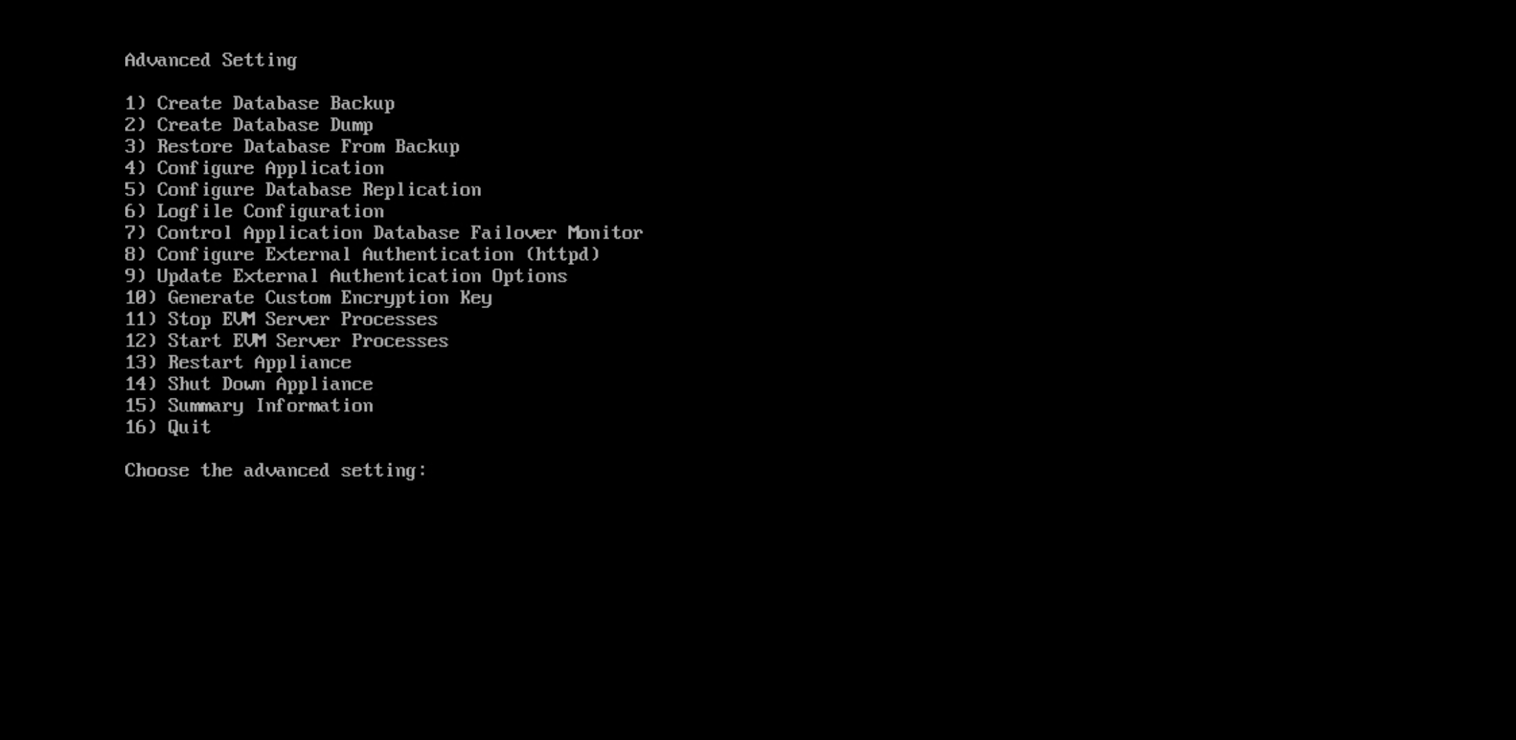 ManageIQ appliance console Advanced Settings menu showing all configuration options