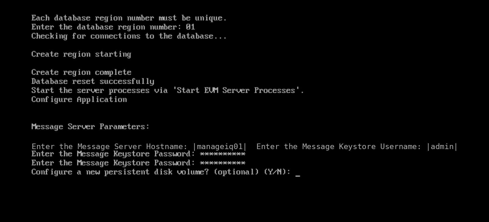 ManageIQ messaging server parameter entry showing hostname and keystore username fields