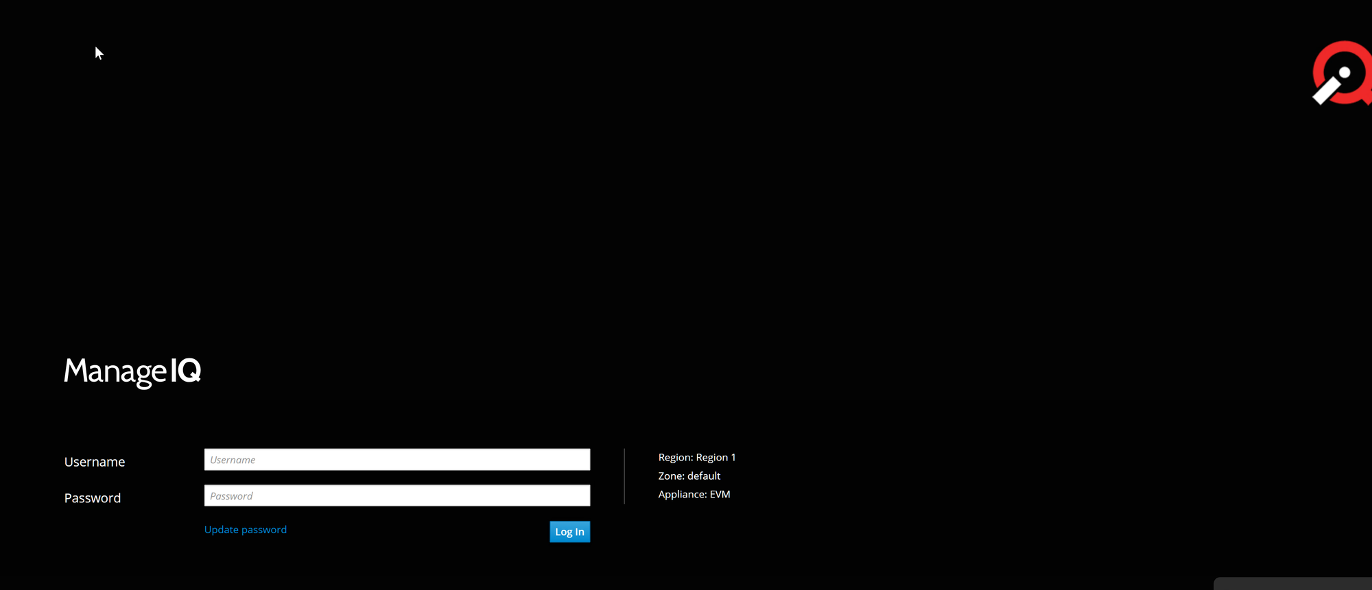ManageIQ web interface login page showing username and password fields