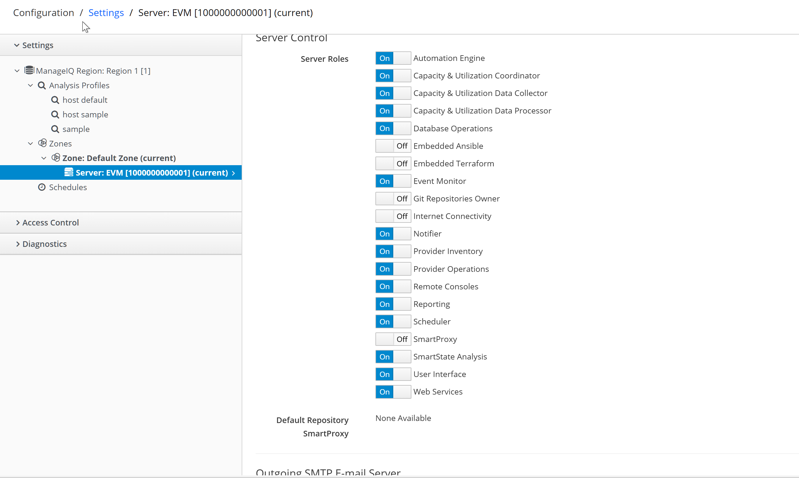 ManageIQ Settings > Server roles configuration page showing all available roles and their on/off state