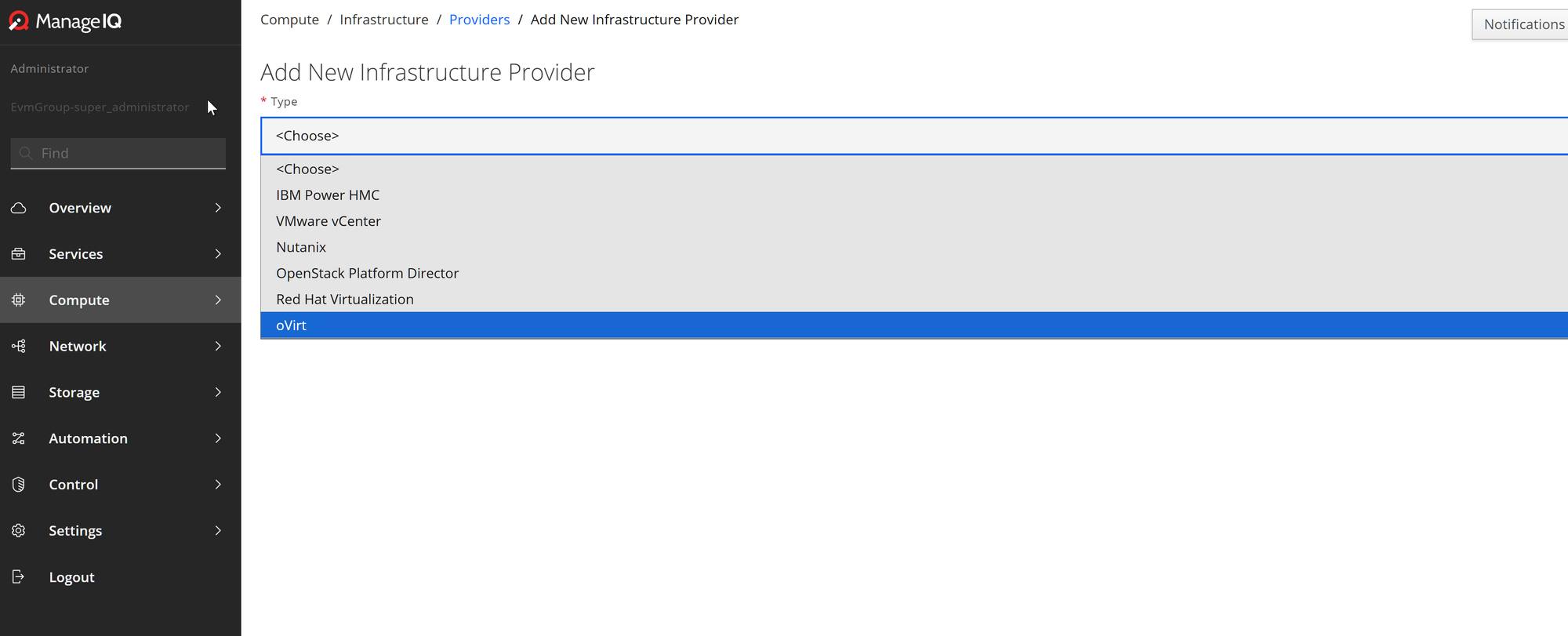 ManageIQ Add New Infrastructure Provider type dropdown showing oVirt option highlighted